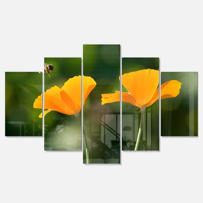 Designart 'Orange Flowers and Flying Bee' Modern Flower Canvas Metal Wall Art