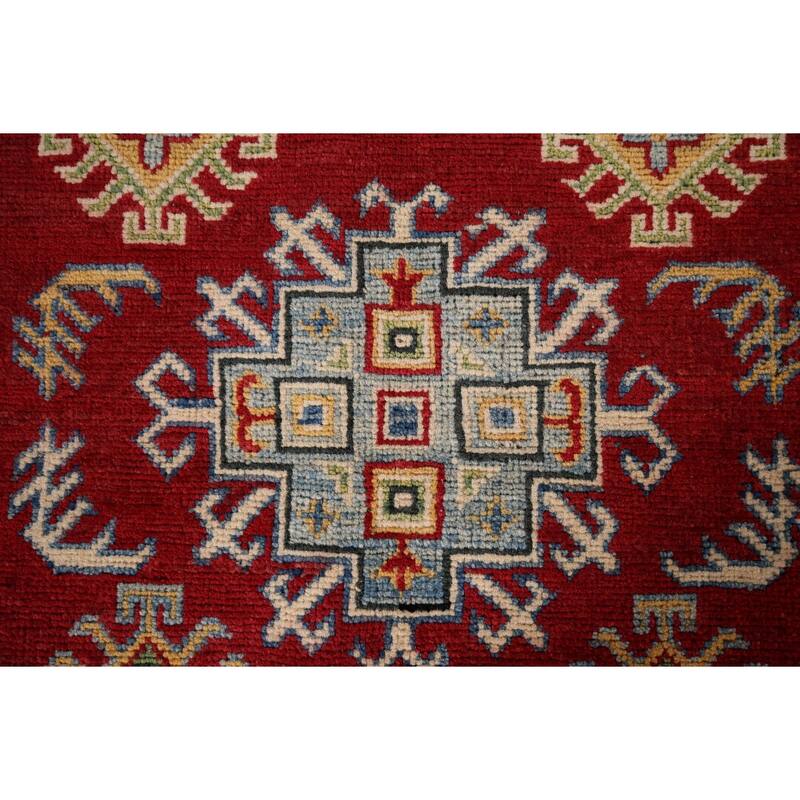 Red Geometric Kazak Foyer Rug Handmade Wool Carpet - 3'3" x 5'0"