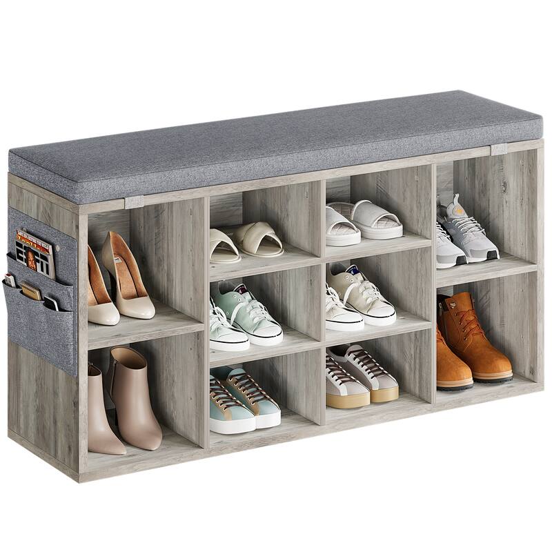 Compact Shoe Bench with Adjustable Heights,Cushioned 3-Tier Shoe Rack Organizer with 5 Compartments