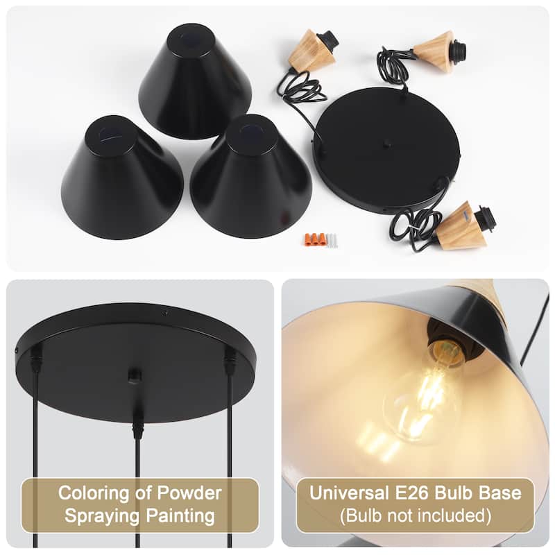 3-Light 9.4"W Metal Wood Island Pendant Lights for Kitchen Living Room