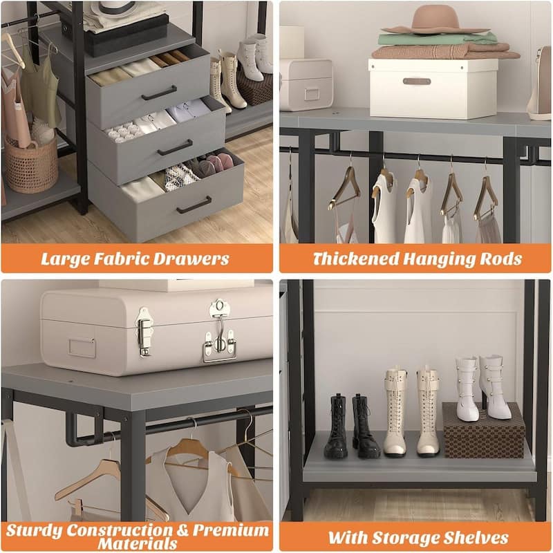 All in One Multifunctional Garment Rack with 3 Fabric Drawers and Shoe Storage Heavy Duty Closet Organizer