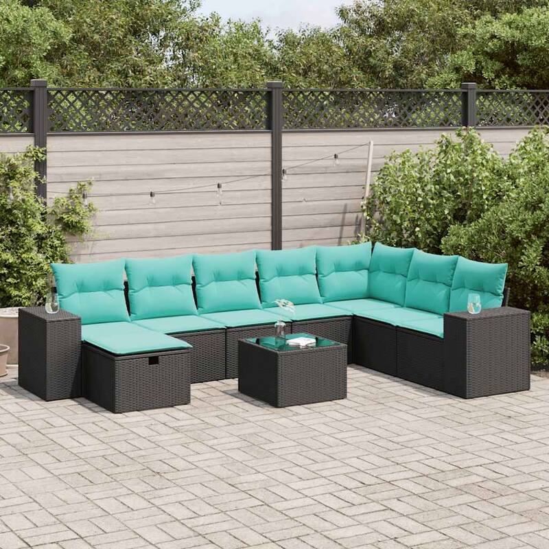 vidaXL 8 Piece Patio Sofa Set with Cushions Black Poly Rattan - 21.7 x 24.4 x 27.2 - Black-with storage, 8-piece format