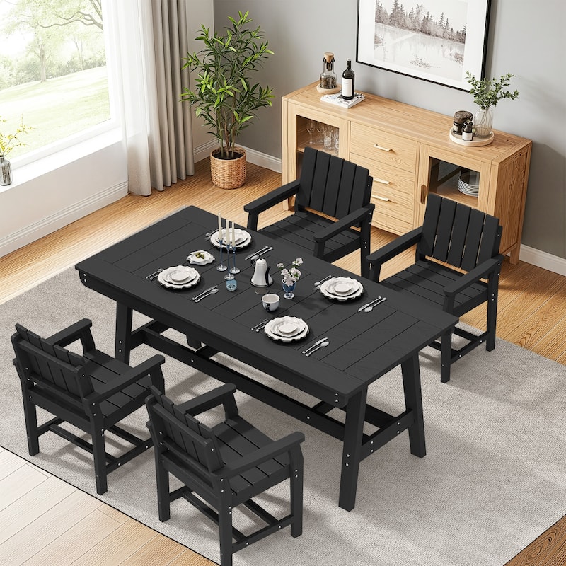 HDPE Patio Dining Set with Rectangular 67.91in L Table with Umbrella Hole and 4 Chairs - N/A