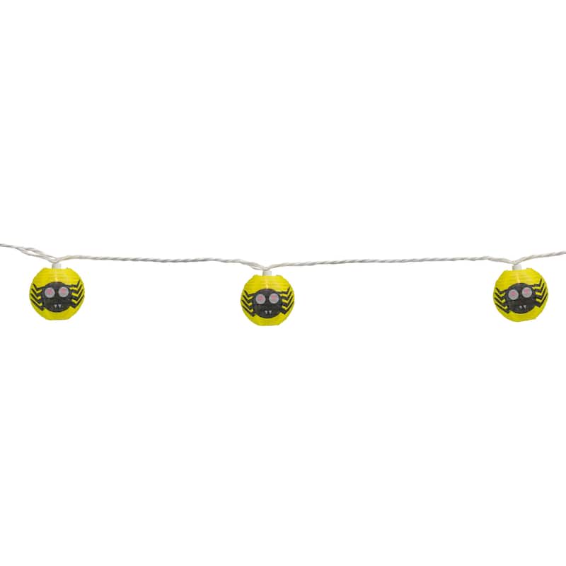 10-Count Yellow and Black Spider Paper Lantern Halloween Lights 8.5ft White Wire