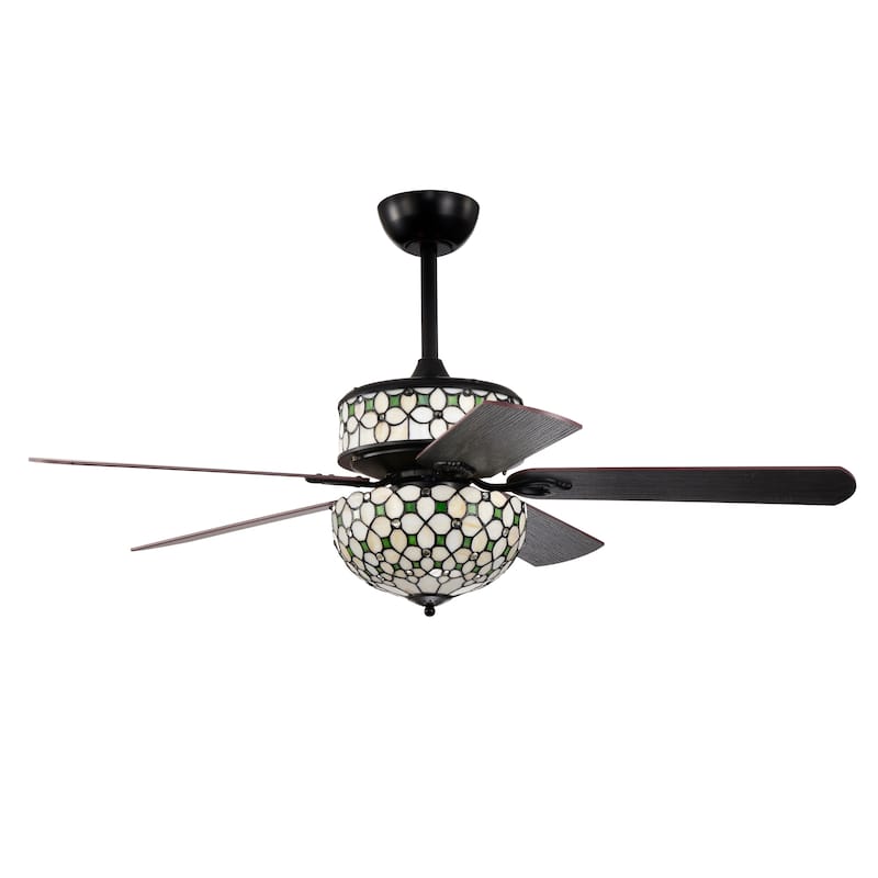 Guarvey 52-Inch Flushmount Two-Tiered Lighted Ceiling Fan Ivory Tiffany Glass Lamp Black Finish