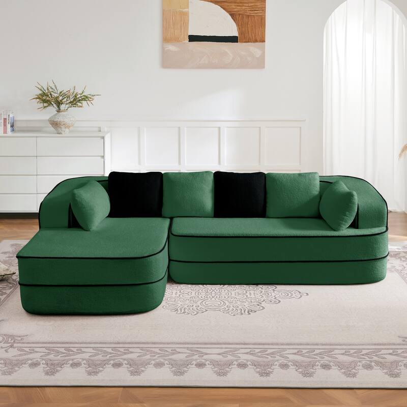 Roomfitters No Assembly Modular Sofa, 106 Inch Teddy Fabric Floor Couch with Chaise, Green