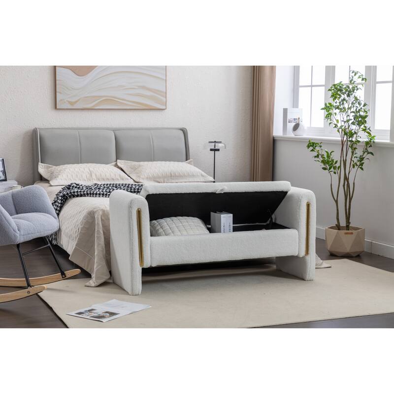 53" Storage Bench, Teddy Fabric Entryway Bench Upholstered Ottoman Bench with Gold Metal Trim Strip for Bedroom