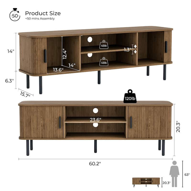Mid-Century Modern Media Console, Tambour TV Stand with Storage Cabinet and Shelf