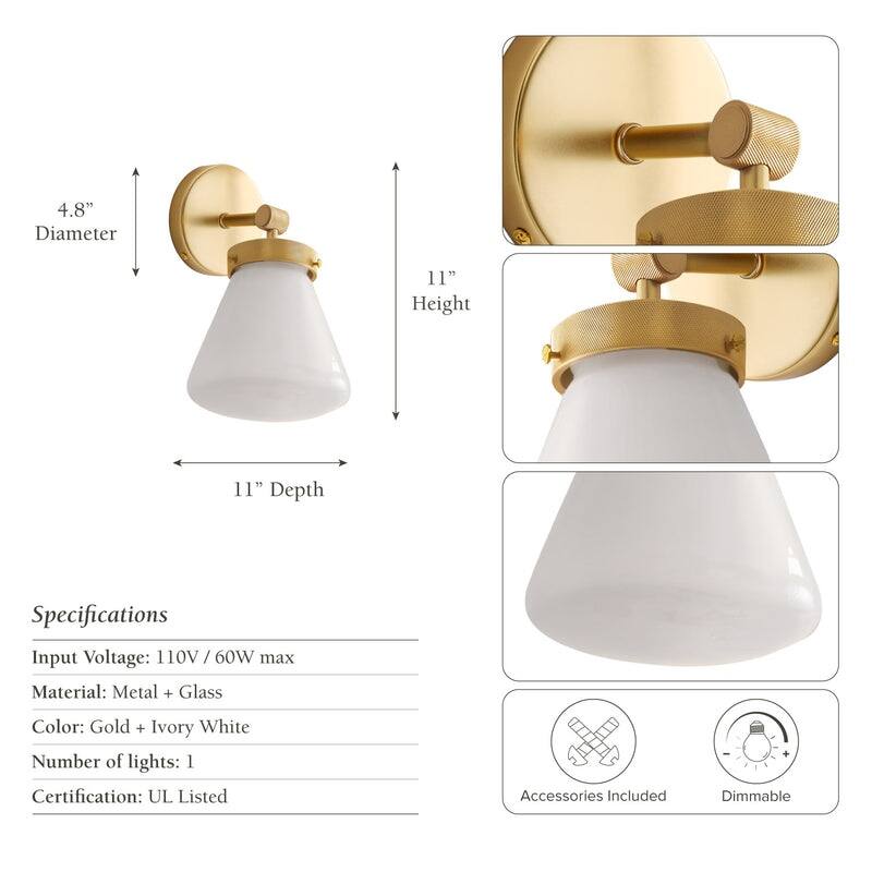 Plump Single-Arm Wall Sconce - Metal, Glass & Gold, Ivory White 1-Light Wall Sconce for Bathroom or Dining Room in Modern Style