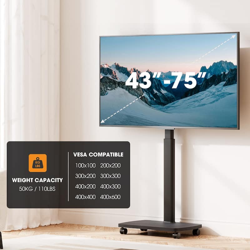 AOKCOS Modern Rolling TV Stand with Wheels for 43 to 75 inch TVs