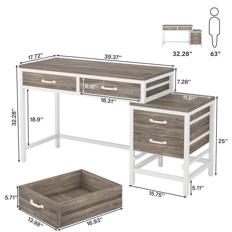 5 Drawers Computer Desk, Study Writing Desk with Reversible Filing Cabinet for Home Office