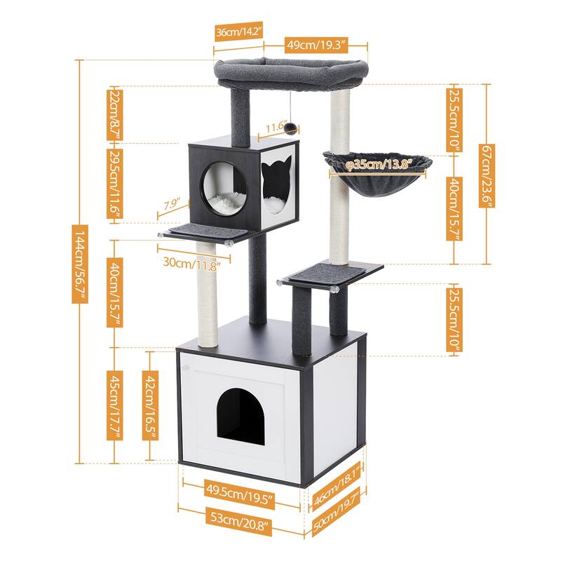 56.7" Cat Tree with Enclosure Large Litter Box, Cozy Cat Condo, Scratching Post and Repalcable Dangling Balls
