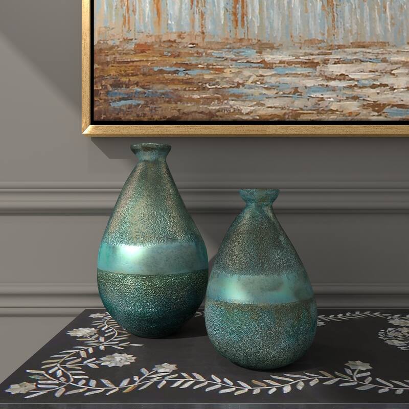 Glass Blown Teardrop Decorative Vase - Set of 2 Gold, Green, Gray - Roche River Decor