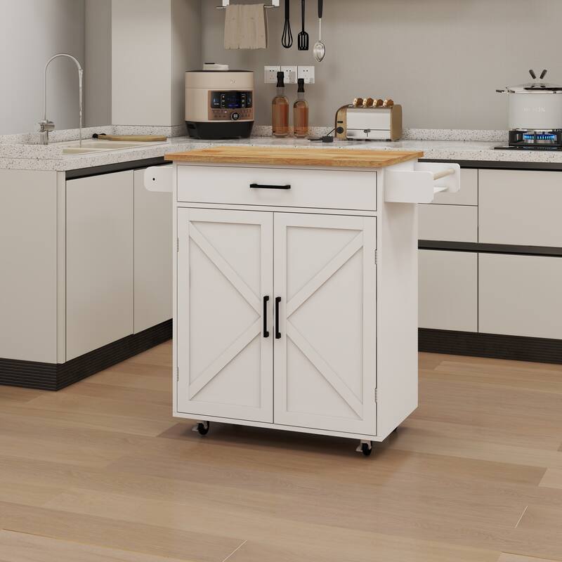Anmytek Farmhouse Kitchen Island Cart with Bamboo Top and Wheels - Rolling Kitchen Storage with Extendable Shelves