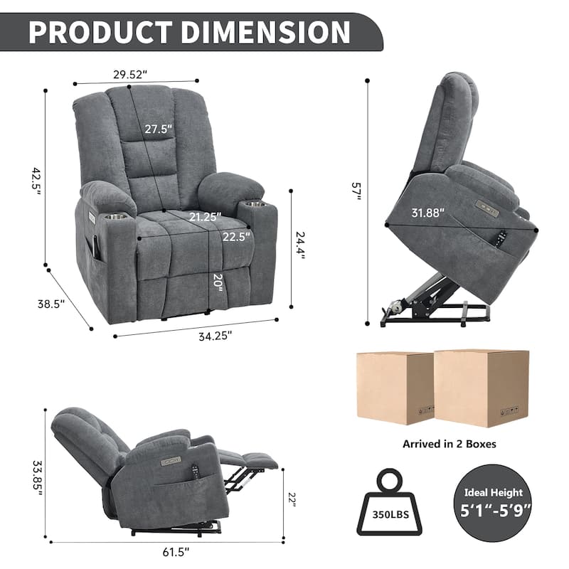 Power Lift Recliner Chair with Massage & Heat, Heavy Duty Electric Recliner, Recliner Chair with USB Ports & 2 Cup Holders - Grey