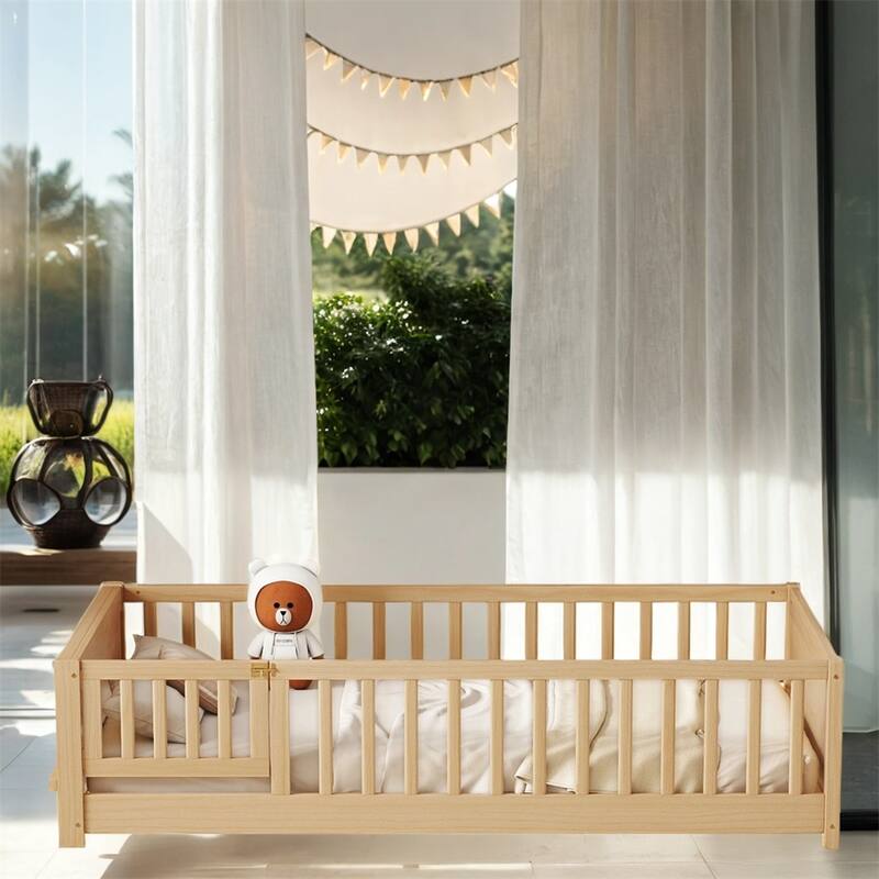 Twin Size Wood Platform Bed with Built-in Book Storage Rack and Door
