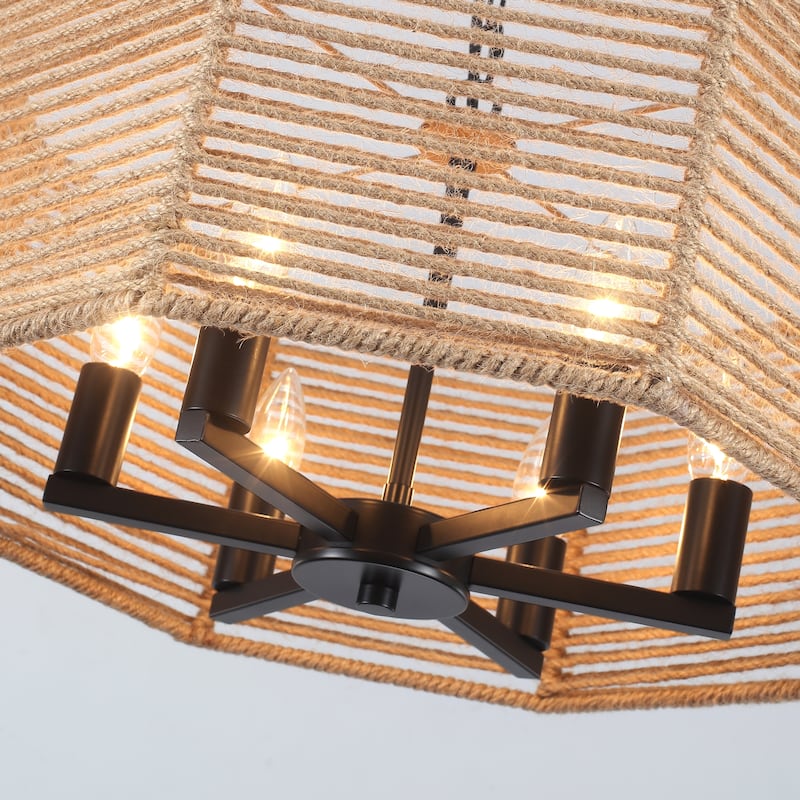 18.89-inch Bohemian-style 6-light octagonal metal chandelier with twine lampshades and adjustable height