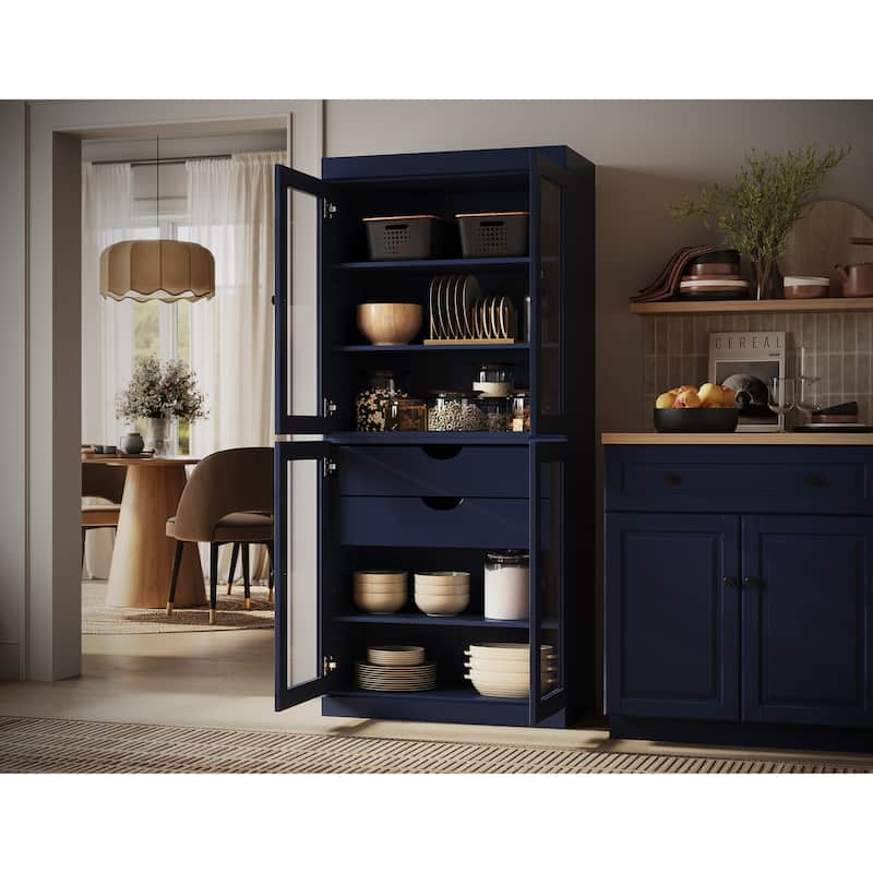 Solid Wood Tall Freestanding Kitchen Pantry Cabinet with Doors & 2 Drawers, Adjustable Shelves, Modular Storage, 32" W x 71.5" H