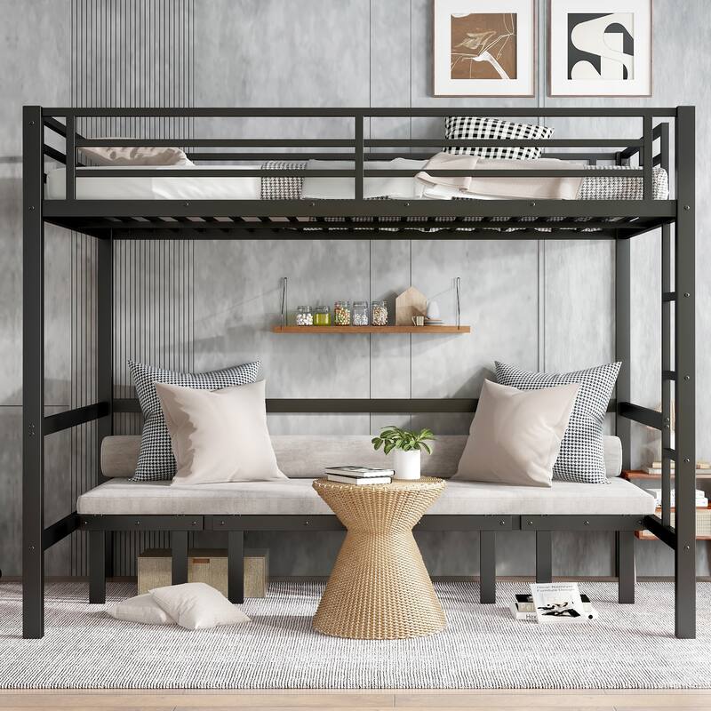 Heavy Duty Metal Bunk Bed, Lower Bunk Can Be Pulled Out In 3 Sections, High Loft Bed and Pull Out Sofa Or Bed - Black - Queen