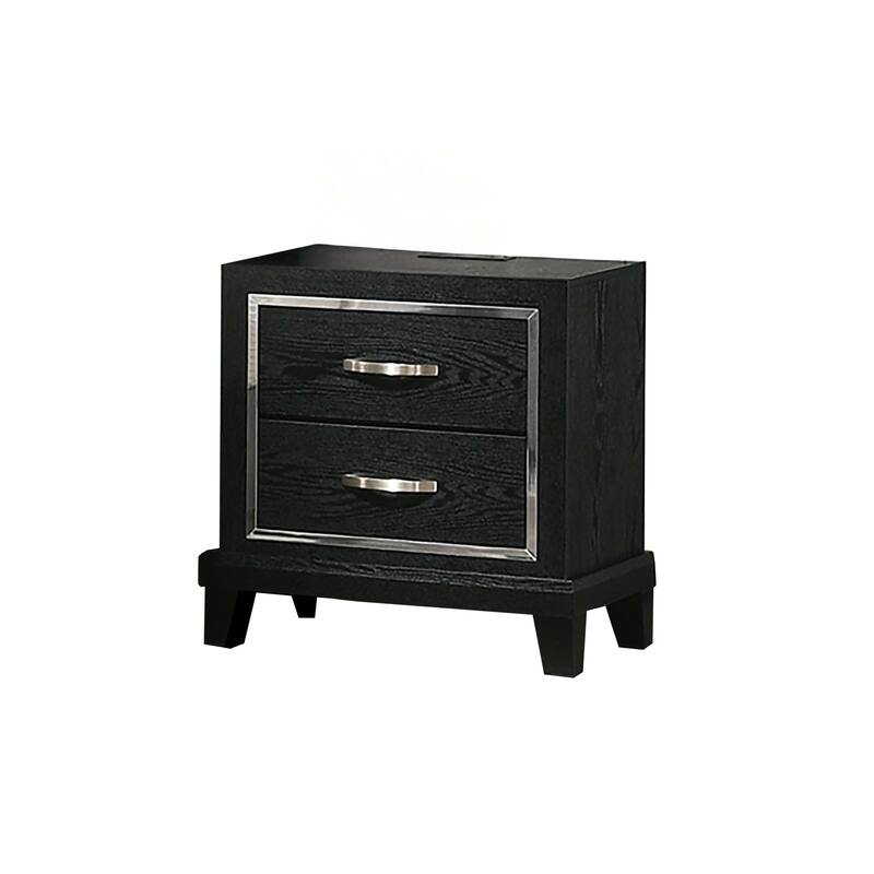 Contemporary Nightstand with USB Port - Black Finish, Chrome Handles & Tapered Legs