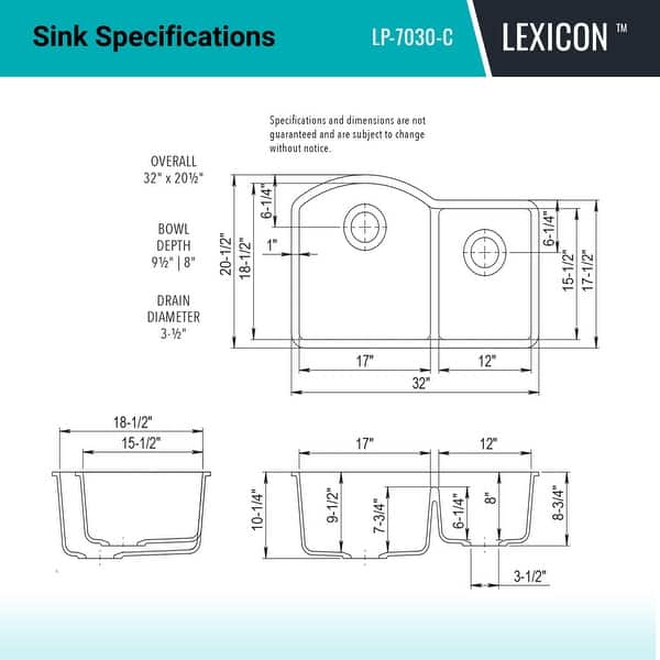 dimension image slide 5 of 9, Lexicon Platinum Quartz 32 Inch 70/30 Double Bowl Kitchen Sink with Bottom Grids and Strainers and Disposal Flange