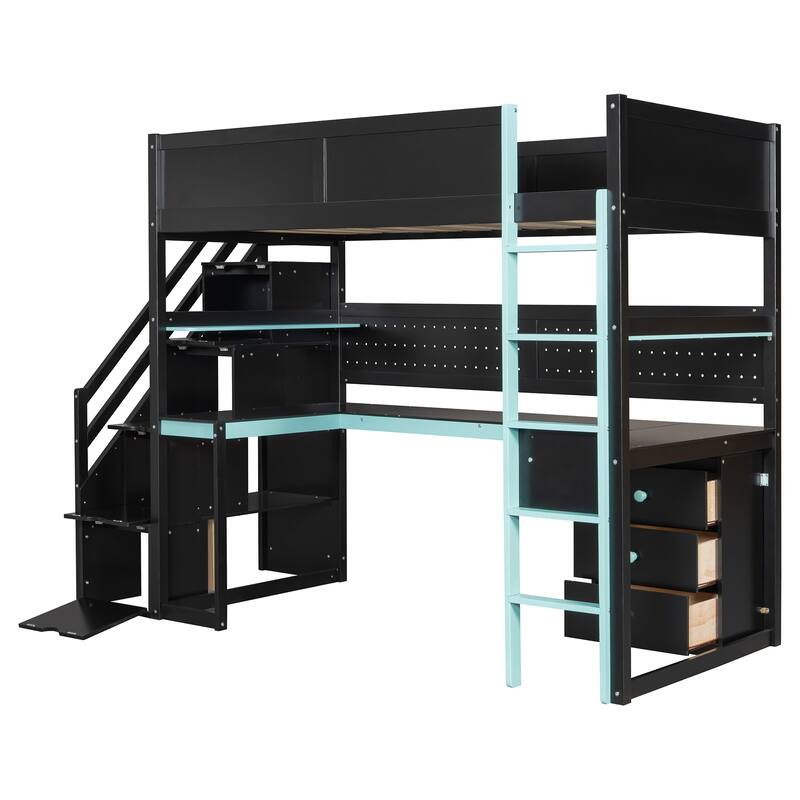 Roomfitters Twin Size Gaming Loft Bed, Integrated Desk, Storage Stairs & Pegboard, Esports Inspired Sleeper System