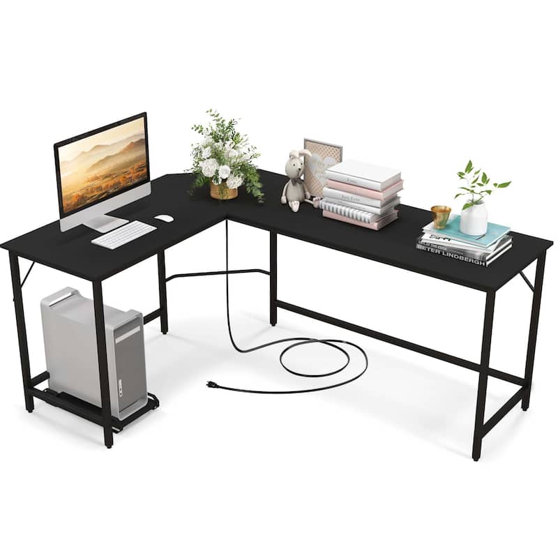 Costway L-shaped Gaming Desk Computer Desk with CPU Stand Power