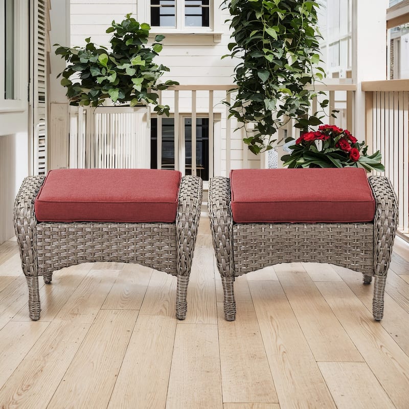 Outdoor Patio Ottoman with Seat Cushion - Grey-Red
