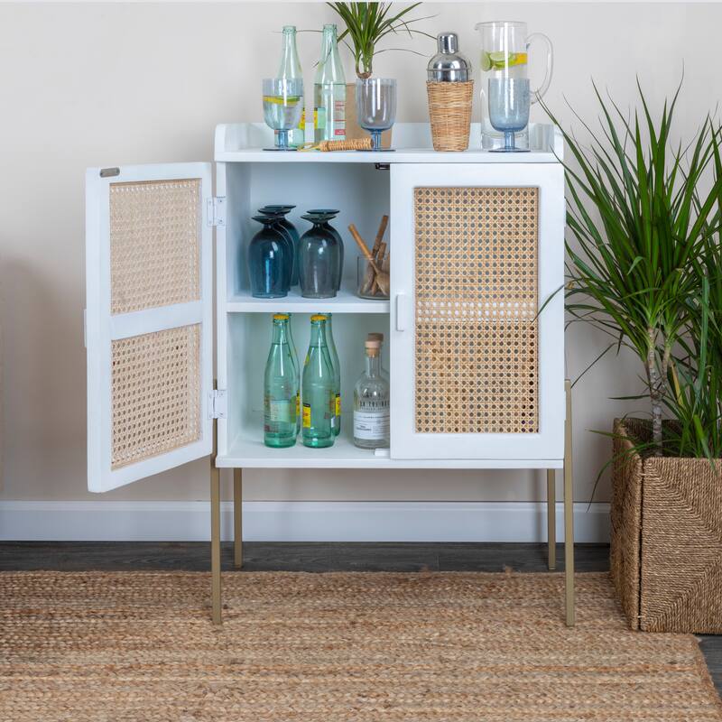 Solid Wood Bar Cabinet with Metal Legs and Woven Cane Doors - White and Natural