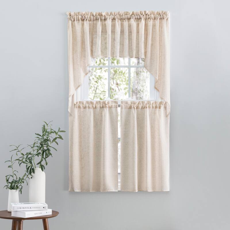 Shannon Premium Linen Rod Pocket W Header Kitchen Curtains - Tier, Swag or Tailored Valance (Sold Separately) - 52"W x 14"L Tailored Valance - Natural