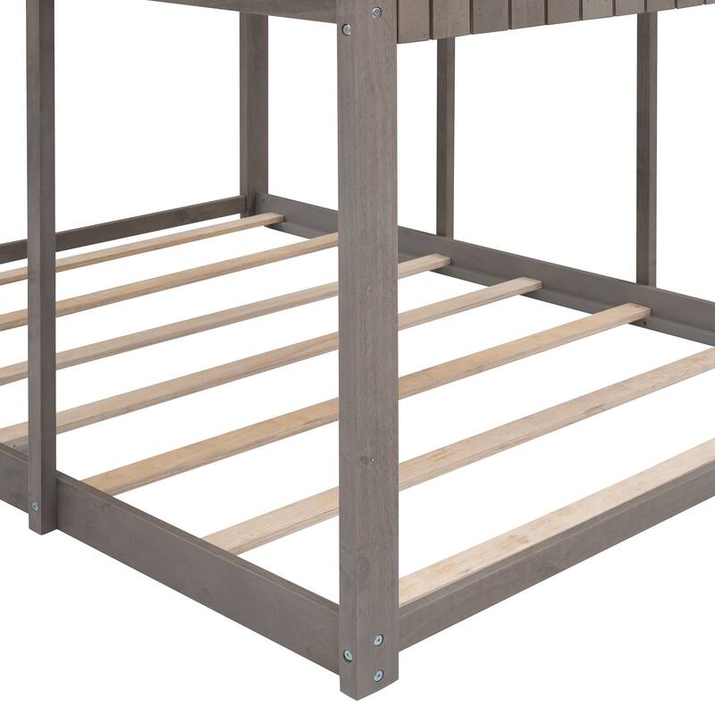 Full Over Full WoodBunk Bed with Roof, Window, Guardrail, Ladder
