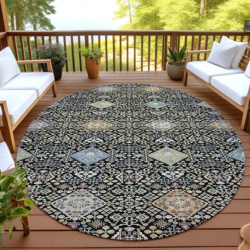 Machine Washable Indoor/ Outdoor Boho Panel Chantille Rug - Black - 8' x 8'