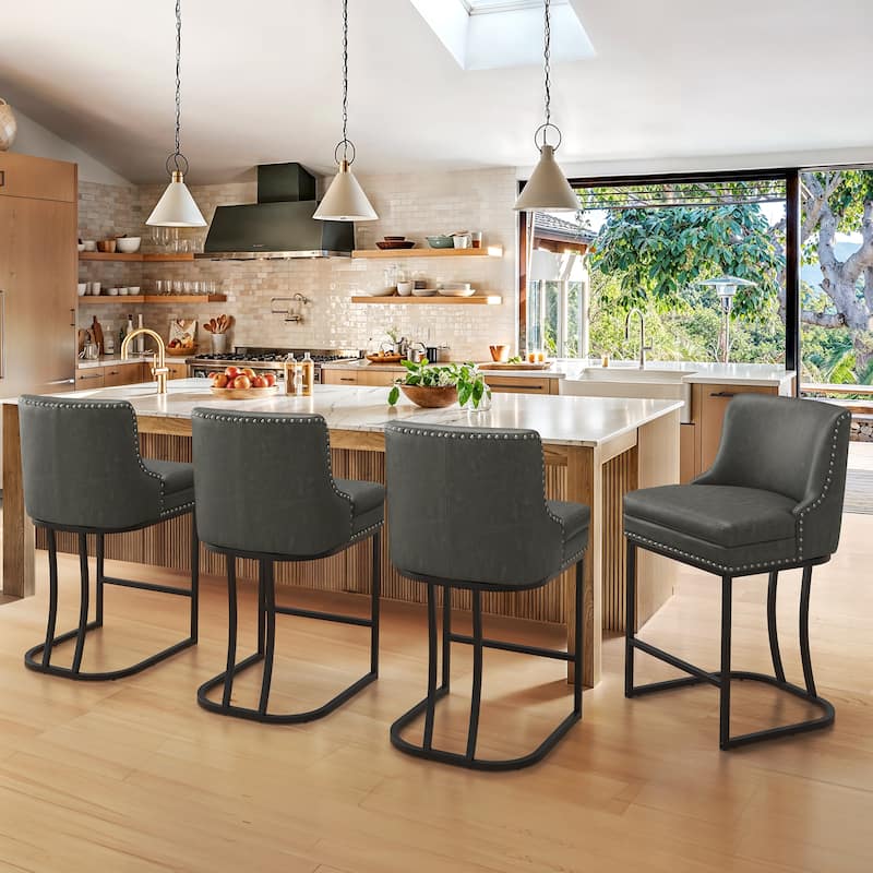 Modern 26" Barstool with Back Metal Frame Stool Counter Height Bar Stools and 6" Thick Cushion for Kitchen Island - Dark Grey/Faux Leather - Set of 4