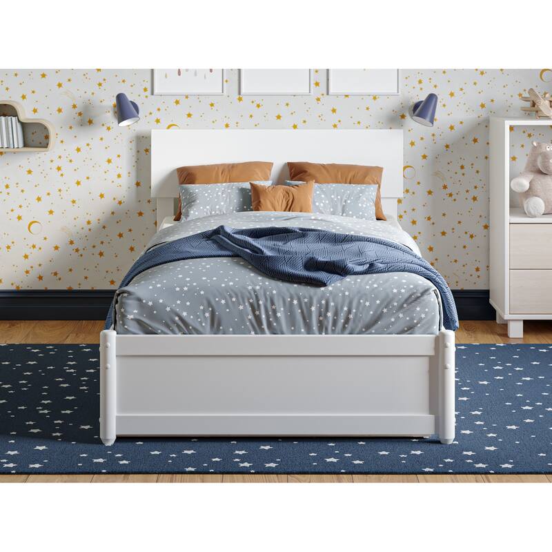 Twin Bed with Trundle & Panel Footboard - White Platform Bed Frame, Adjustable Headboard