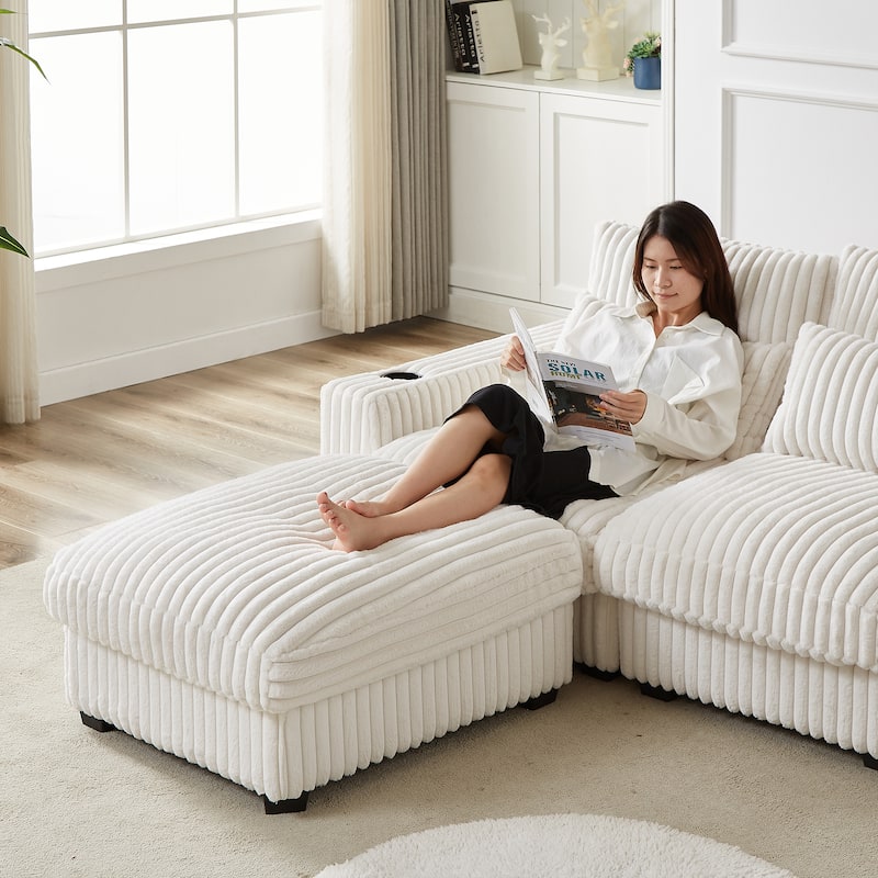 Super Large 126-Inch Corduroy L-Shaped Sofa with Cup Holders, USB Port, Movable Footrest, and 8 Cushions.