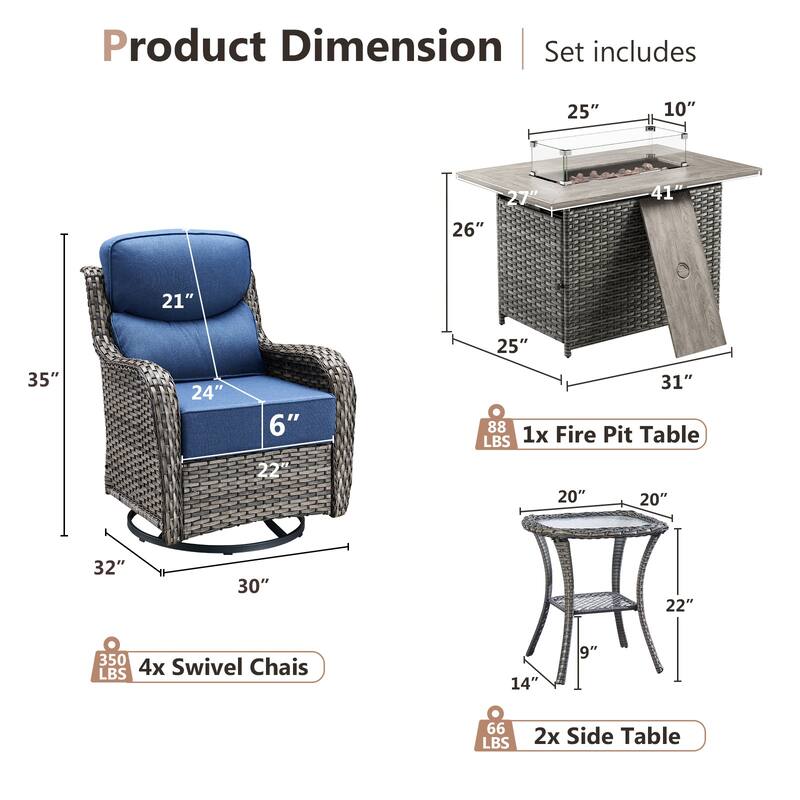 Pocassy Outdoor 6 Inch Sofa Swivel Chairs with Fire Pit Table Set