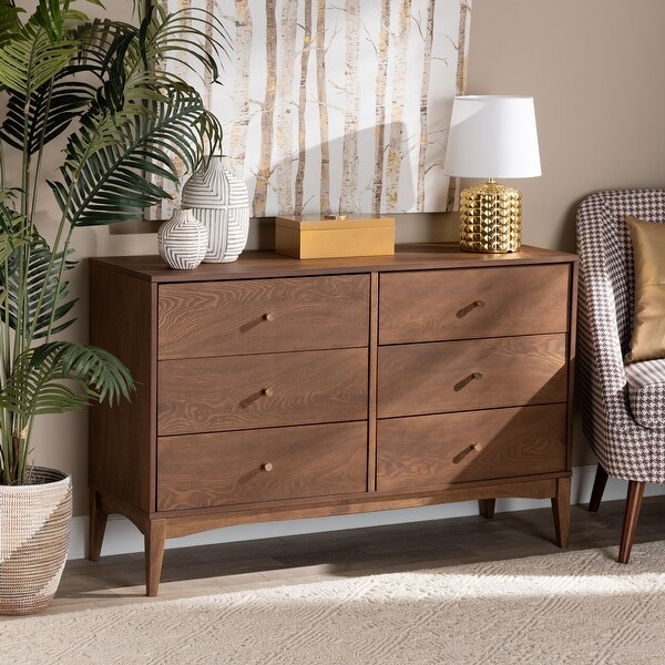 Landis Mid-Century Modern Ash Walnut Finished Wood 6-Drawer