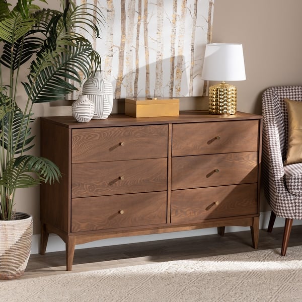 Landis Mid-Century Modern Ash Walnut Finished Wood 6-Drawer Dresser - Ash Walnut, Gold