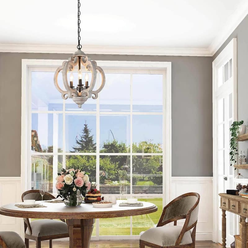 Clovy Farmhouse 3-Light Wood Lantern Chandelier for Dining Room - D15.5"x H 79"