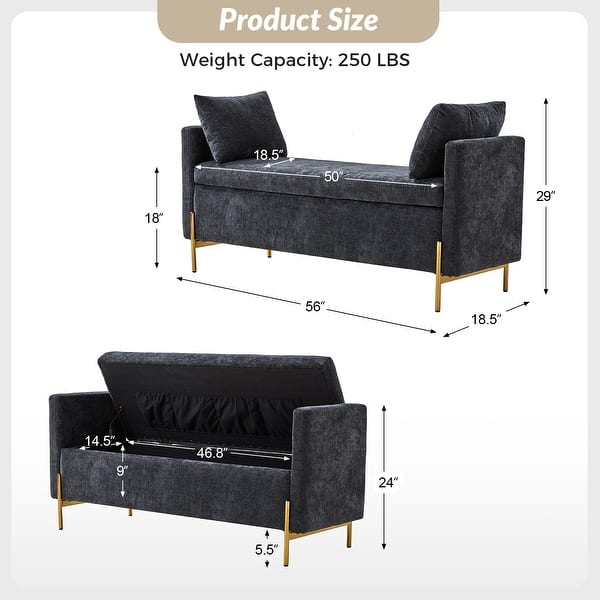 dimension image slide 3 of 5, Angelus Modern 56''W Upholstered Flip Top Storage Bench withTwo Pillows and Arms by HULALA HOME