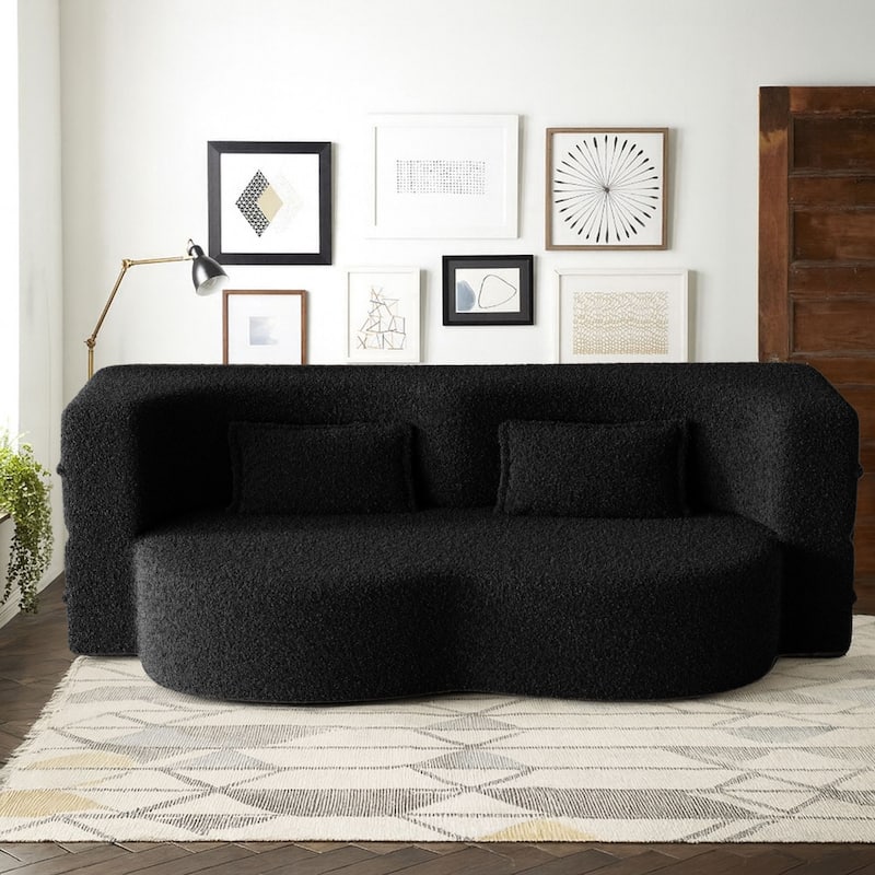 Modern Minimalist Compressed Upholstered Convertible Two-Seater Sofa Bed with 2 Pillows - Black Teddy