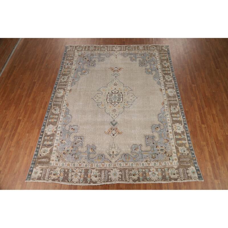 Medallion Tabriz Persian Area Rug Beige Handmade Wool Carpet - 9'1"x 11'0"