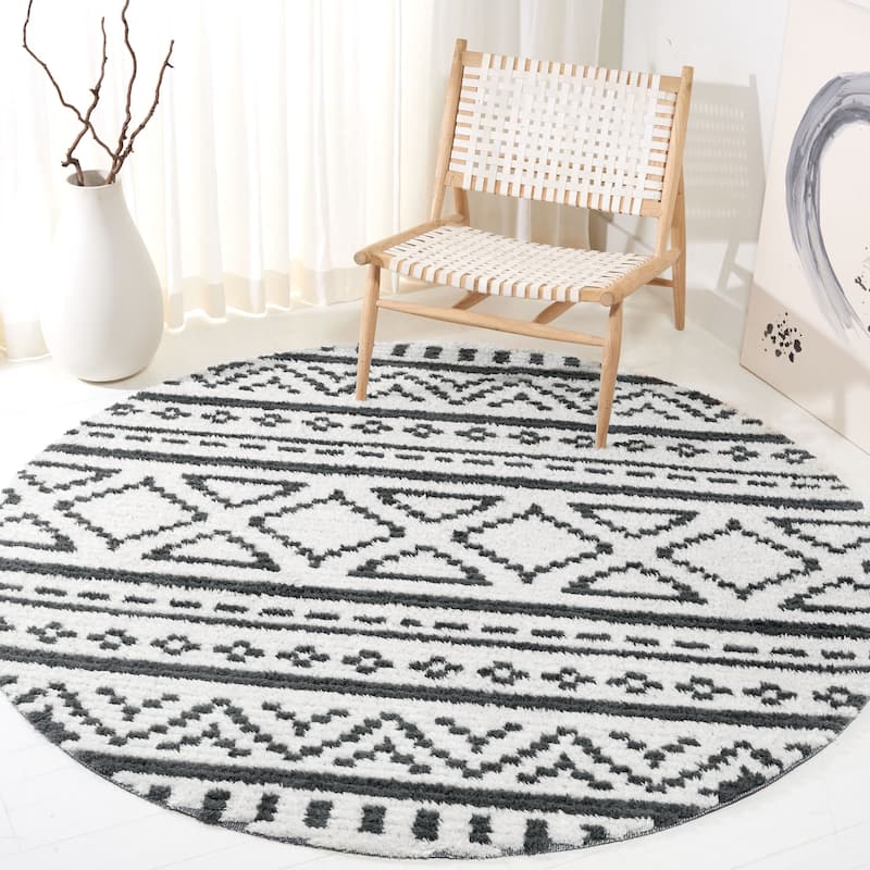 SAFAVIEH Burko Heikea Moroccan Boho 1-inch Thick Rug - 6'7" Round - Ivory/Black