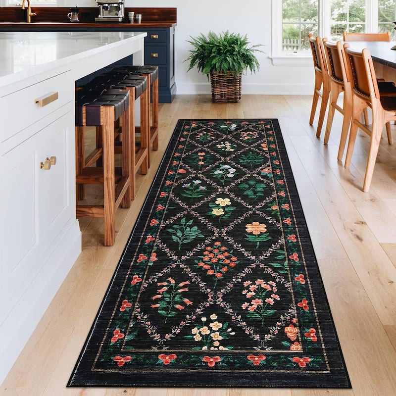 Vintage Floral Washbale Floor Cover Area Rug for Bedroom, Living Room, Black - 1'6" x 2'6" - Black 2' x 6'