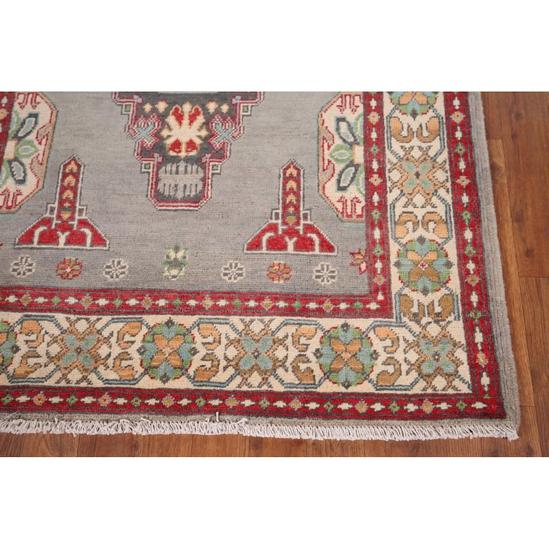 Gray Geometric Kazak Foyer Rug Handmade Wool Carpet - 3'4" x 4'10"