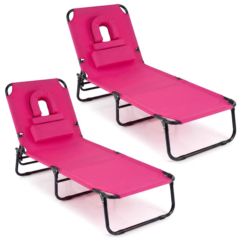 Gymax 2PCS Folding Beach Sun Lounger w/Face Hole Removable Pillows - Pink