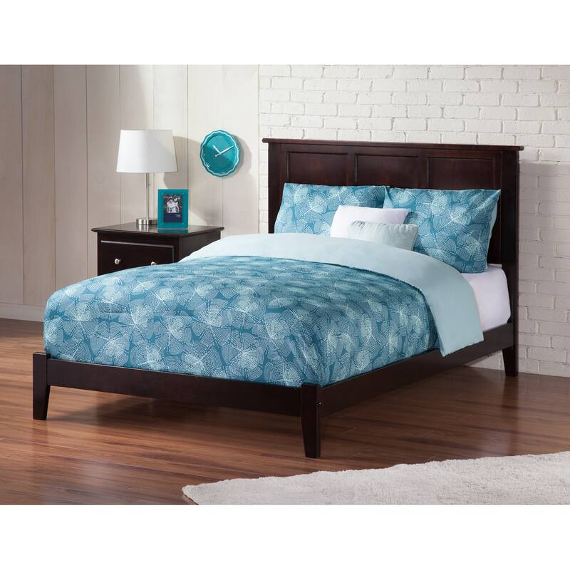 Low Profile Platform Bed - Espresso Wood Slat Bed Frame with Footboard - Beach Style Design