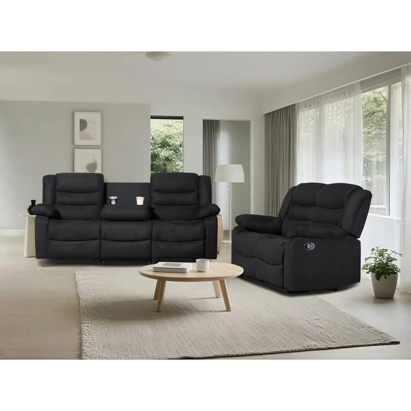 Manual Reclining Sofa Set 2-Piece, Loveseat + 3-Seat Sofa with Cup Holders, Suede Upholstery, Living Room Set, Black