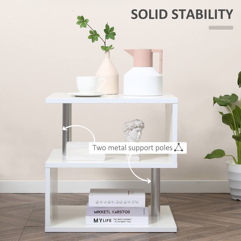 HOMCOM 20" Chic Designer S-Shaped Multi-Level Accent End Table Shelf with Steel Poles, White