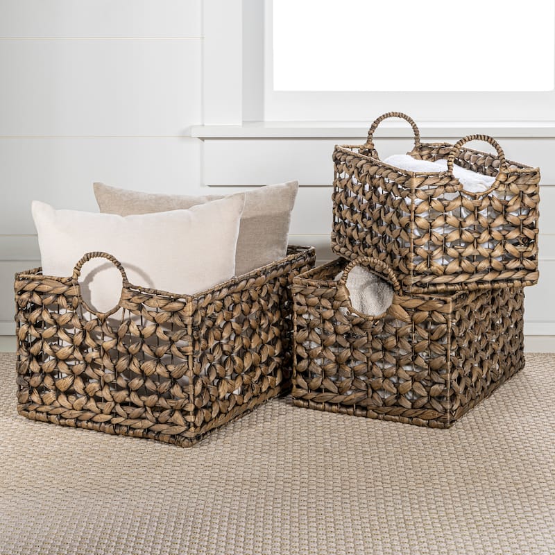 Woven Hyacinth Rectangular Storage Baskets with Handles (Set of 3) - Brown